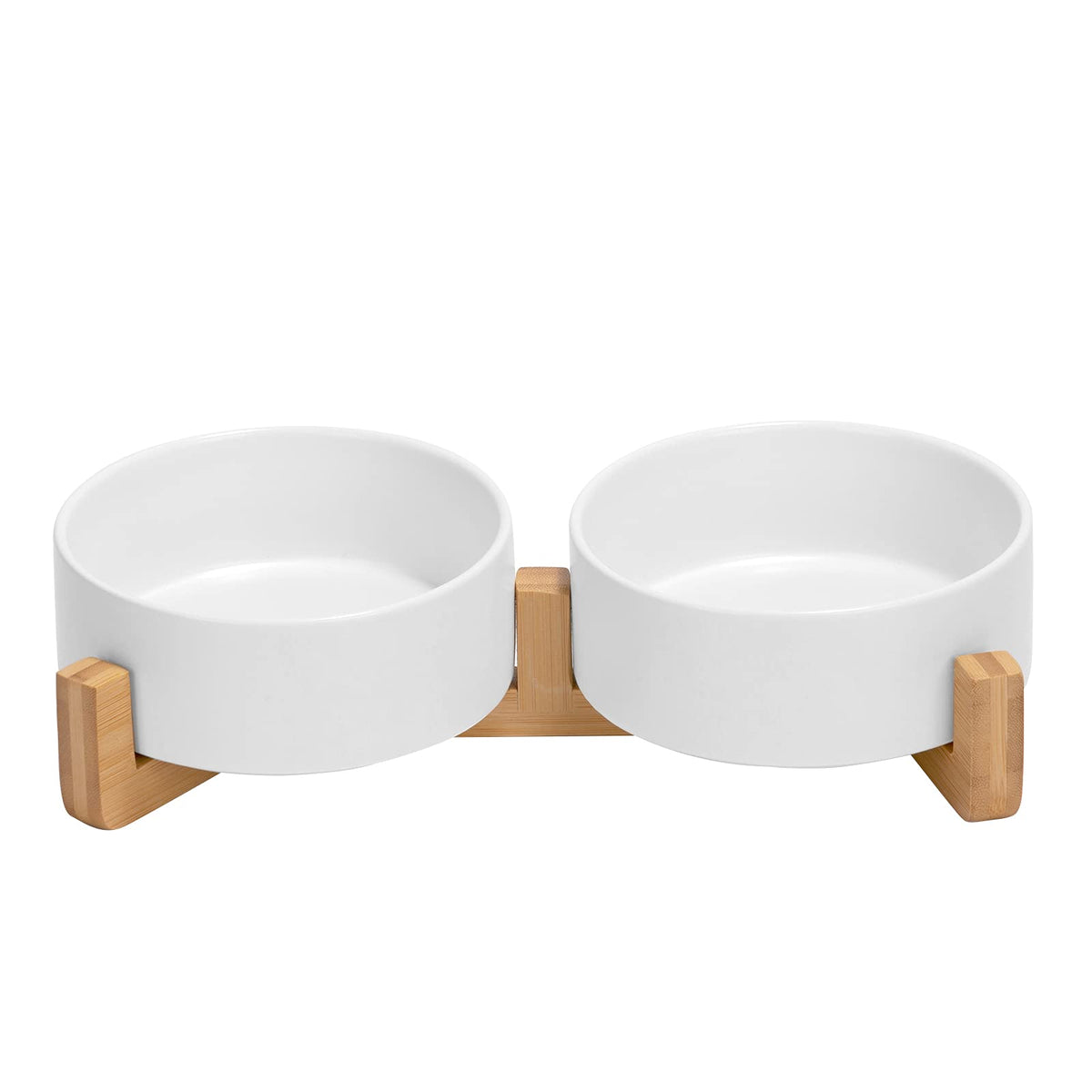 SPUNKYJUNKY Ceramic Dog and Cat Bowl with Wood Stand Non-Slip Matte Glaze Weighted Food Water Set for Cats &Small Dogs 13.5OZ