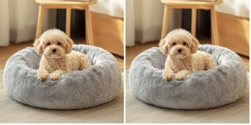 JOLLYVOGUE Small Dog Bed, Calming Dog Beds for Small Dogs & Indoor Cats - 20 Inches Donut Washable Cat Bed for Kittens & Puppies, Round Fluffy Plush Faux Fur Pet Beds(Smoke Grey)
