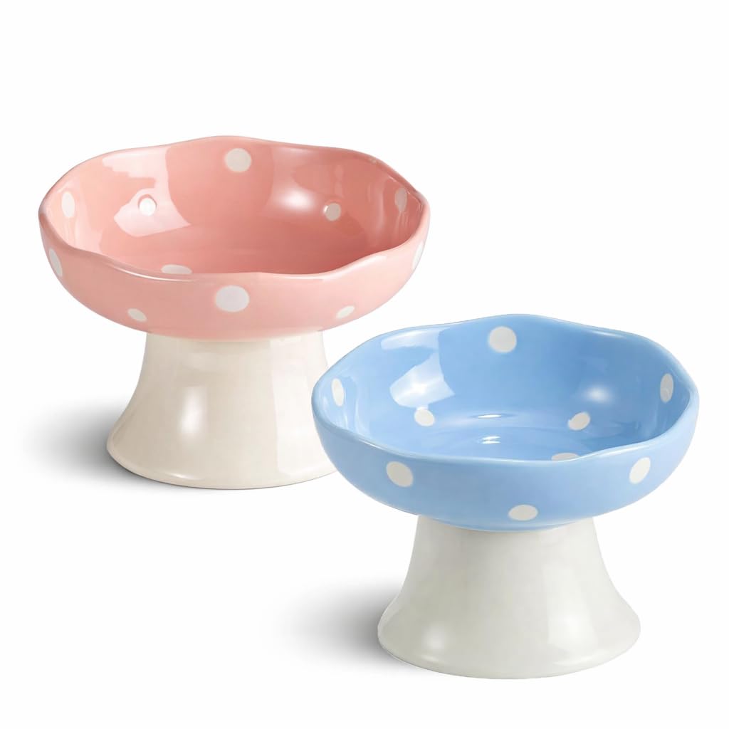 Red Mushroom Cat Bowl, Elevated Ceramic Bowl for Cats