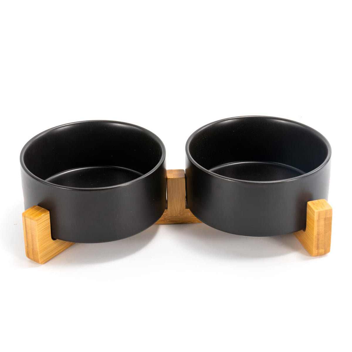 SPUNKYJUNKY Ceramic Dog and Cat Bowl with Wood Stand Non-Slip Matte Glaze Weighted Food Water Set for Cats &Small Dogs 13.5OZ