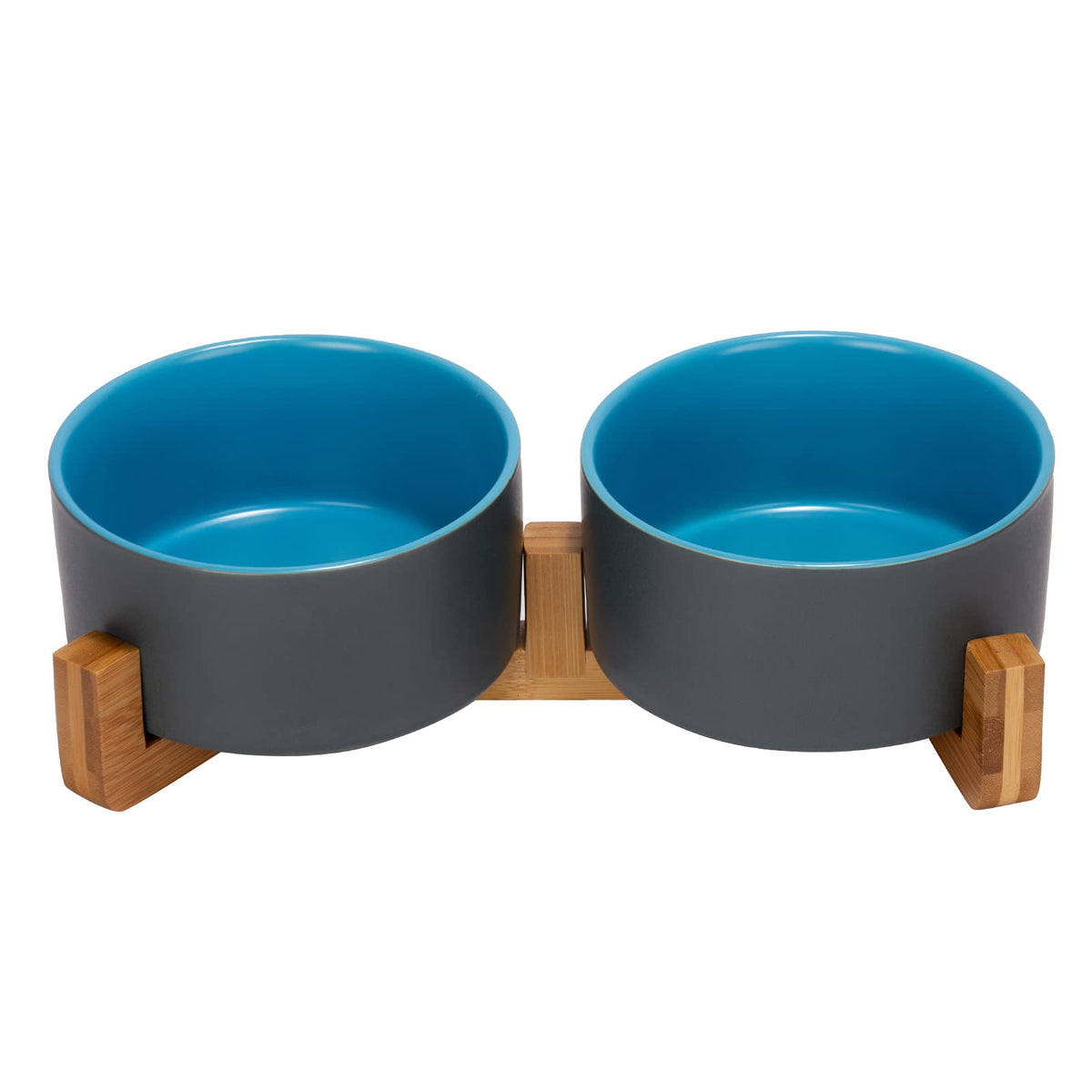 SPUNKYJUNKY Ceramic Dog and Cat Bowl with Wood Stand Non-Slip Matte Glaze Weighted Food Water Set for Cats &Small Dogs 13.5OZ