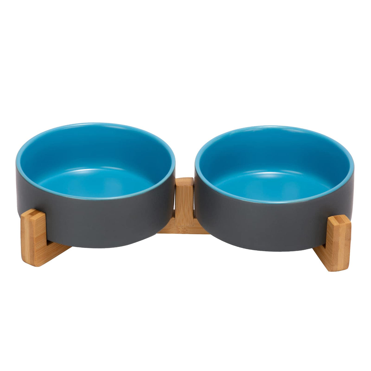 SPUNKYJUNKY Ceramic Dog and Cat Bowl with Wood Stand Non-Slip Matte Glaze Weighted Food Water Set for Cats &Small Dogs 13.5OZ