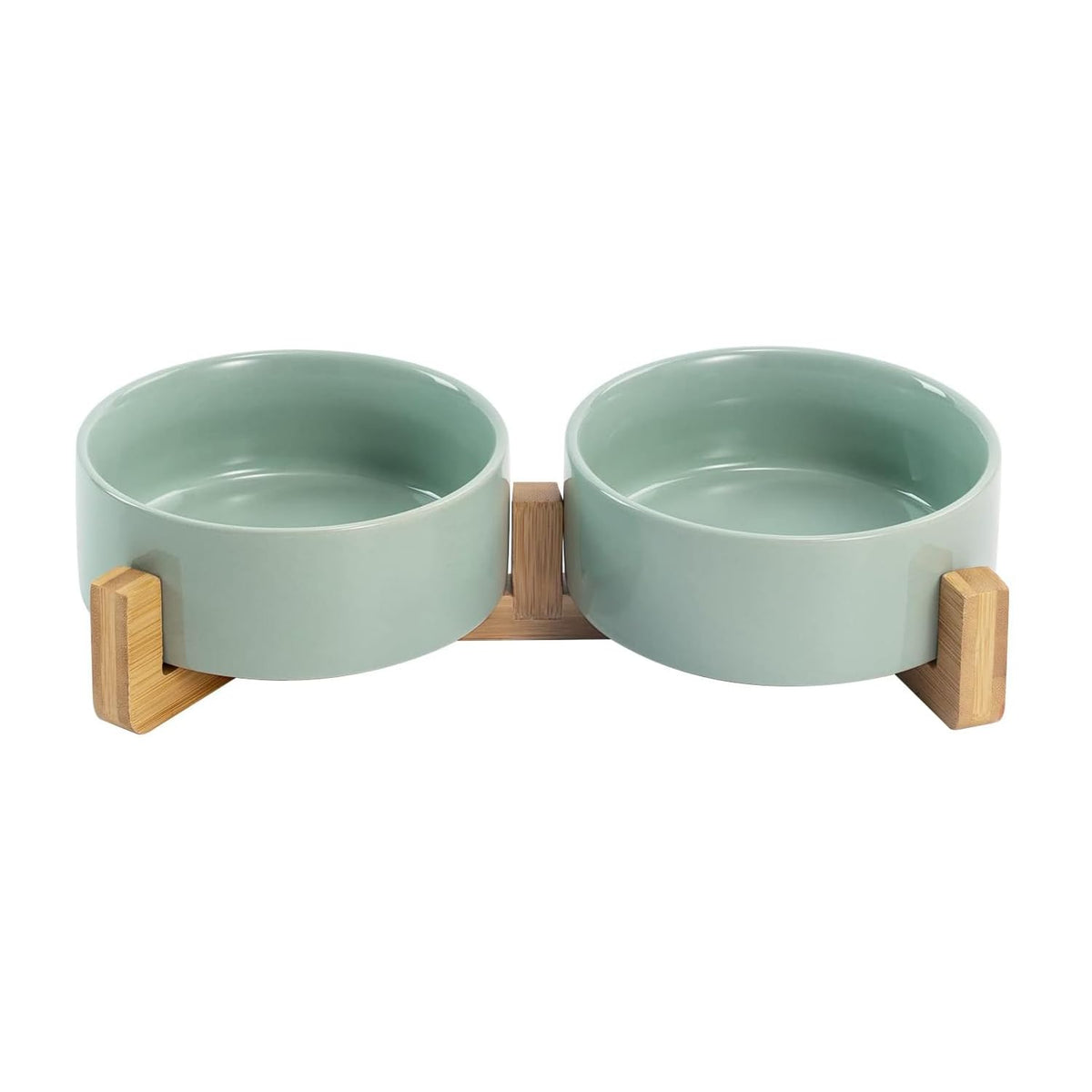 SPUNKYJUNKY Ceramic Dog and Cat Bowl with Wood Stand Non-Slip Matte Glaze Weighted Food Water Set for Cats &Small Dogs 13.5OZ