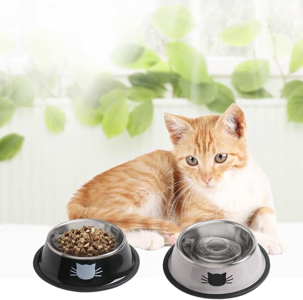 Cat Bowls for Food and Water,2PCS Rapsrk Non-Slip Stainless Steel Small Food Bowls 8 Oz Pet Bowl with Removable Rubber Base Dog Bowl,Stackable Cat Puppy Dishes Bowls with Cute Cats Painted