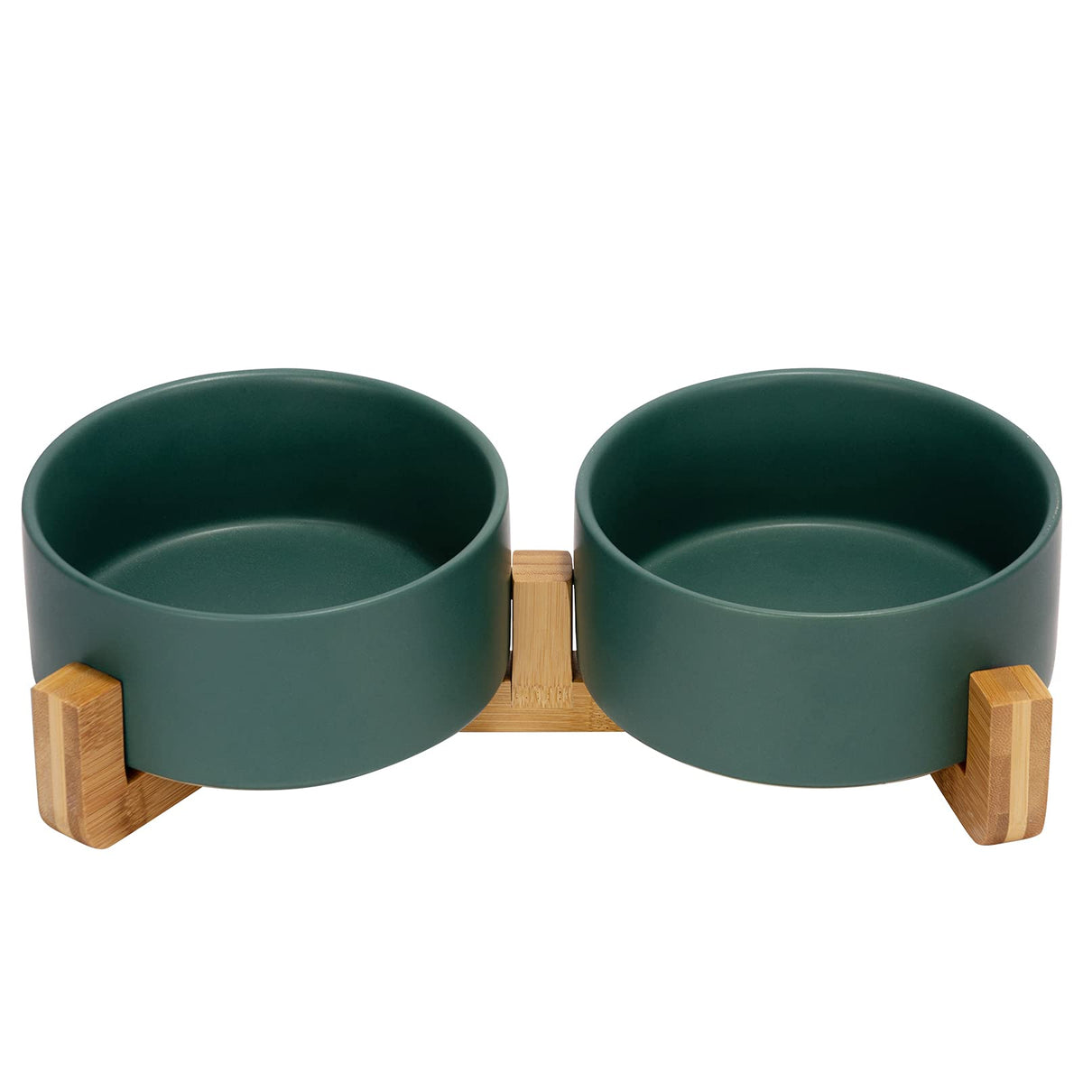 SPUNKYJUNKY Ceramic Dog and Cat Bowl with Wood Stand Non-Slip Matte Glaze Weighted Food Water Set for Cats &Small Dogs 13.5OZ