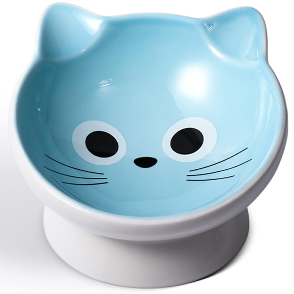 Raised Cat Food Bowl Ceramic 15° Tilted Cat Food Bowls Protect Cat's Spine Anti Vomiting Backflow Prevention Bowls for Adult Kitty, Kitten, and Small Dogs, Pink