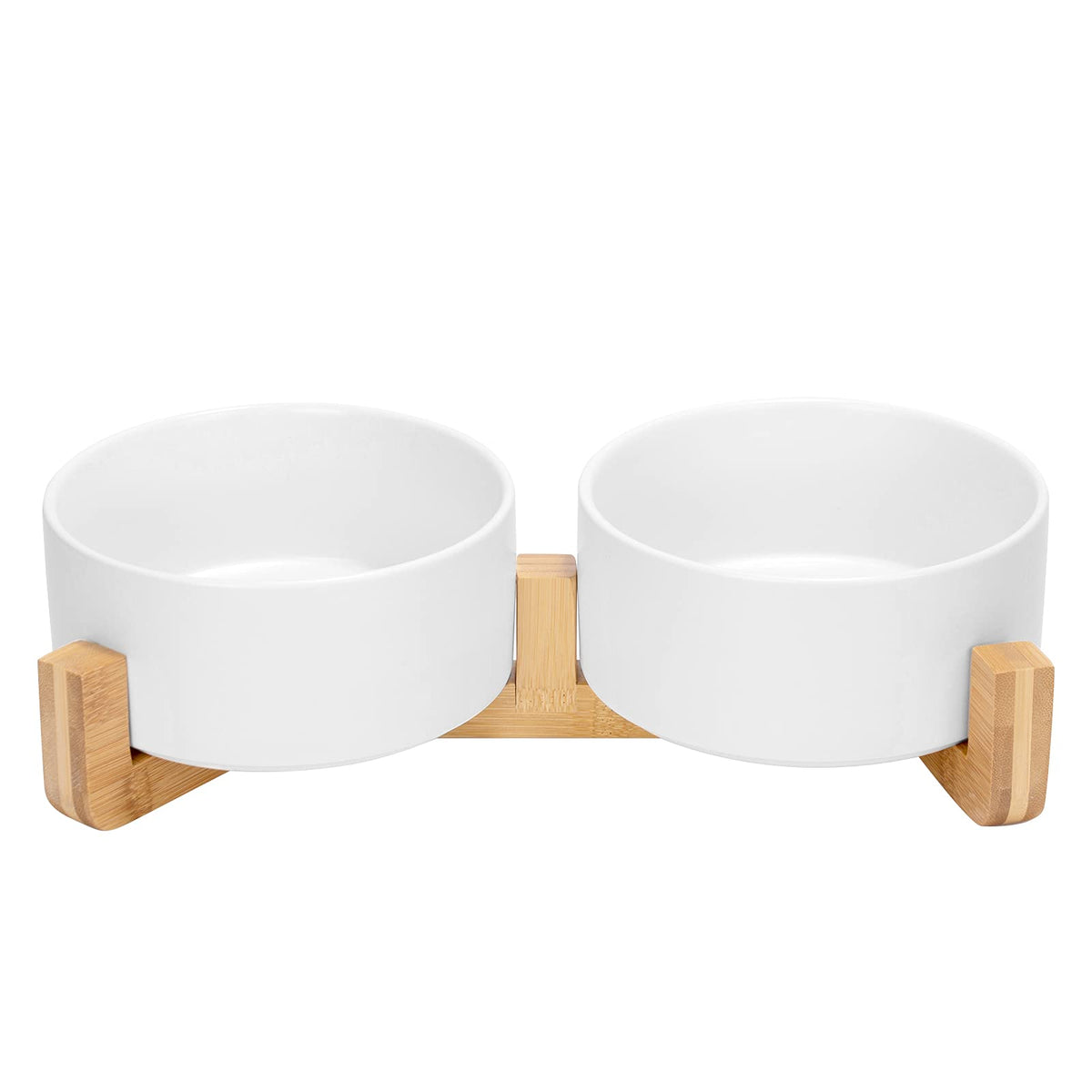 SPUNKYJUNKY Ceramic Dog and Cat Bowl with Wood Stand Non-Slip Matte Glaze Weighted Food Water Set for Cats &Small Dogs 13.5OZ