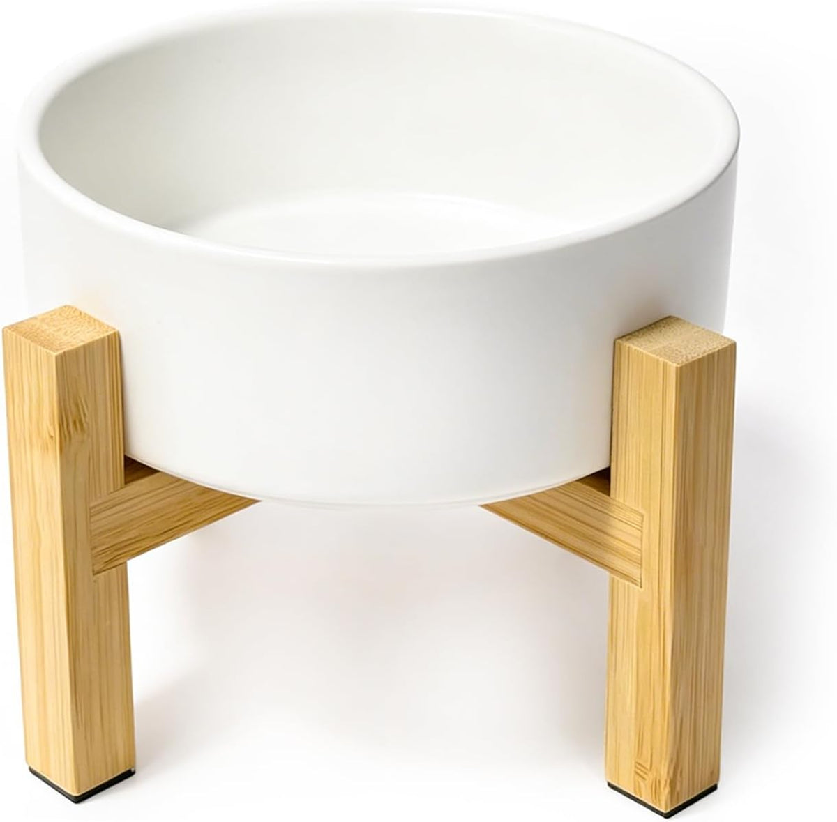 Cat Water Bowl - Elevated Cat Bowls | Ceramic Raised Cat Bowl with Adjustable Bamboo Stand | Anti Vomiting Cat Food Bowl for Indoor Cats, Kittens & Small Dogs | Dishwasher Safe | 5.1" Cat Dish| White
