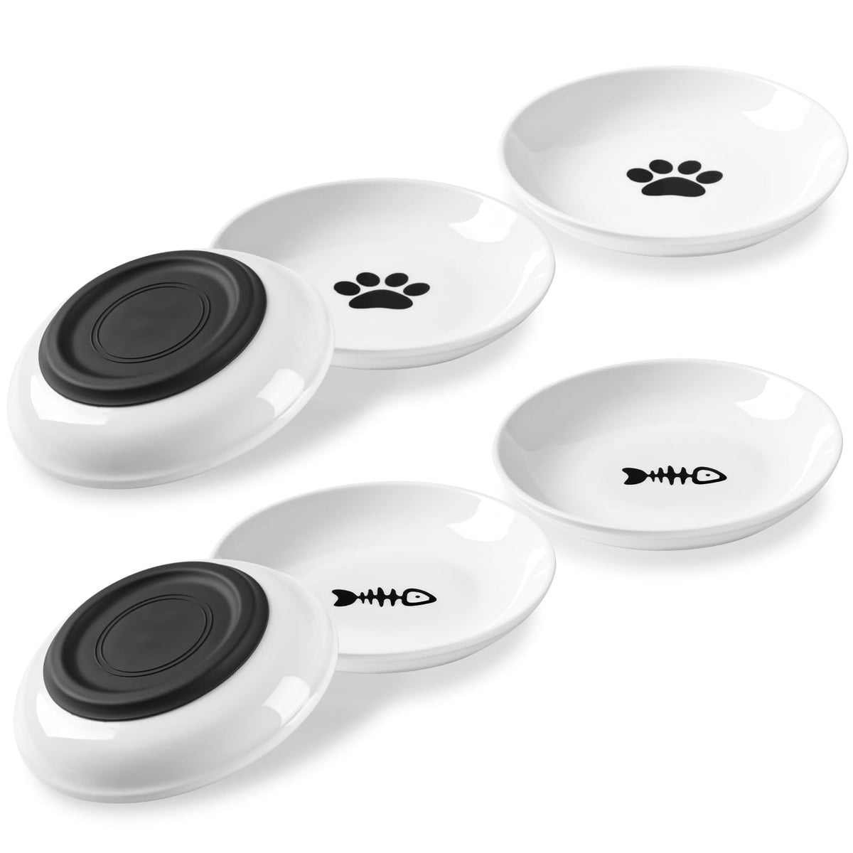 Cat Food Bowl, Whisker Friendly Ceramic Cat Bowls with Nonslip Silicone Bottom, Pack of 3 Quiet Dishes and Plates for Feeding Indoor Cats, Kittens and Small Dogs(Fishbone,Shallower)