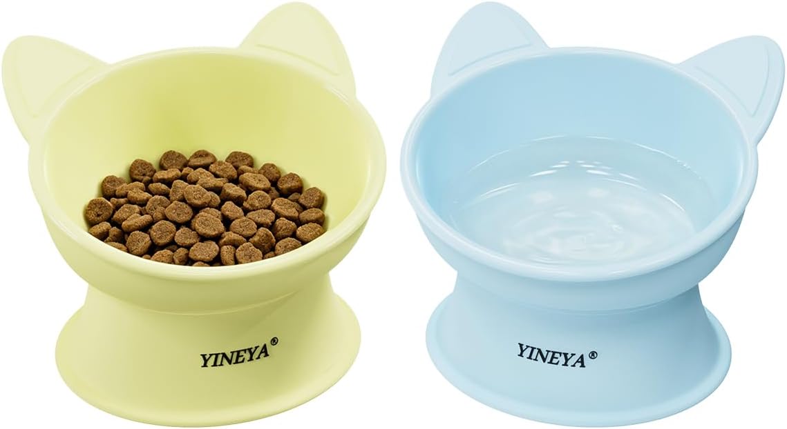 YINEYA 2 Pack Cat Food Bowls Elevated Design for Neck Comfort & Digestion