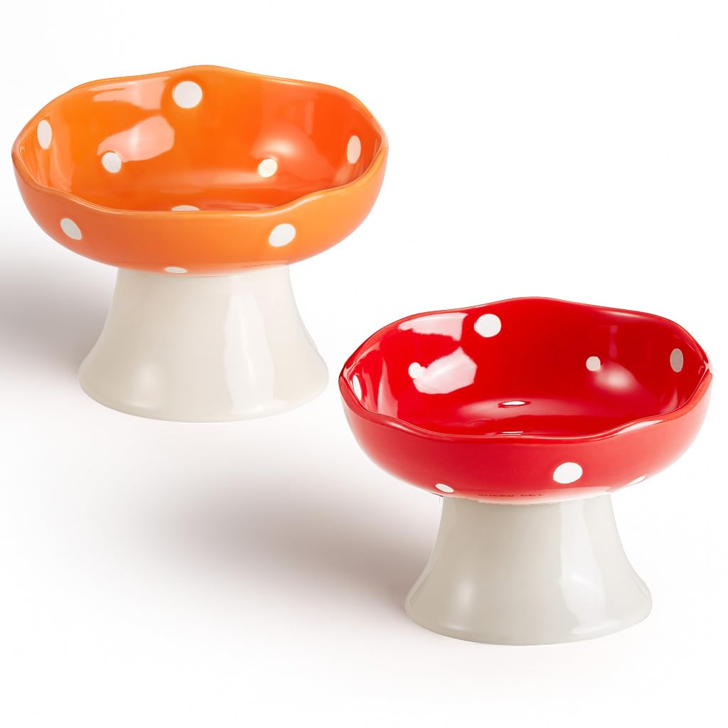 Red Mushroom Cat Bowl, Elevated Ceramic Bowl for Cats