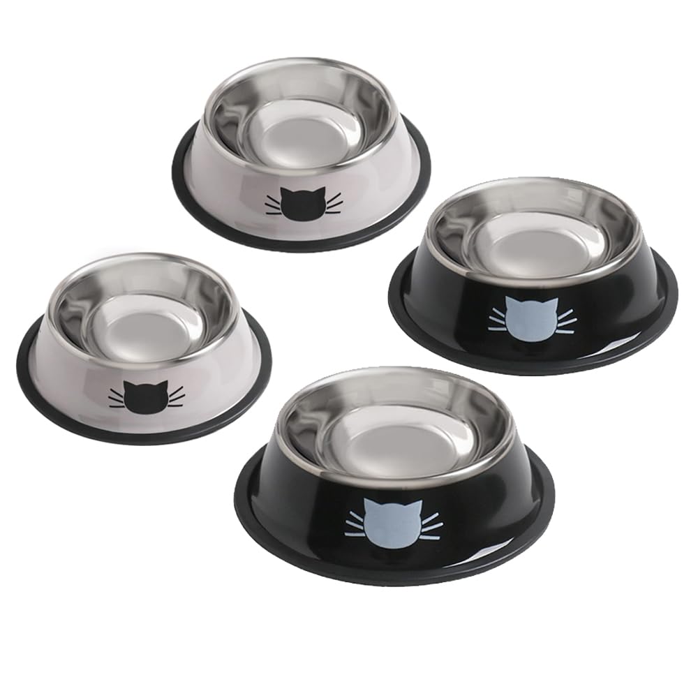 Cat Bowls for Food and Water,2PCS Rapsrk Non-Slip Stainless Steel Small Food Bowls 8 Oz Pet Bowl with Removable Rubber Base Dog Bowl,Stackable Cat Puppy Dishes Bowls with Cute Cats Painted