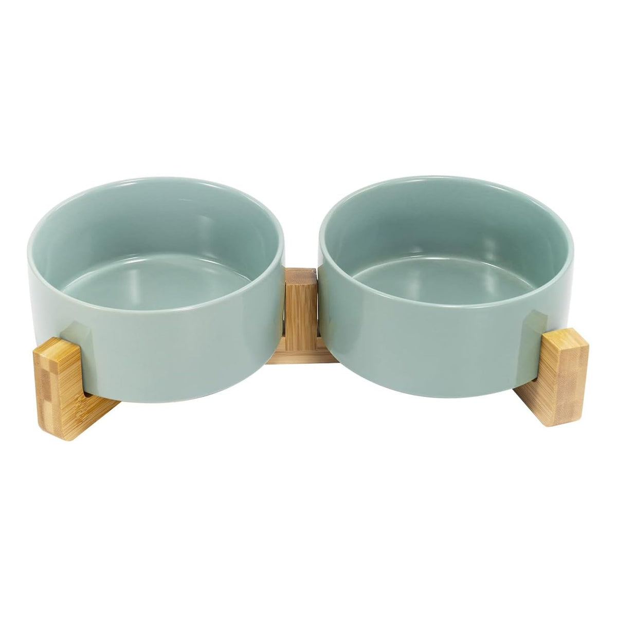 SPUNKYJUNKY Ceramic Dog and Cat Bowl with Wood Stand Non-Slip Matte Glaze Weighted Food Water Set for Cats &Small Dogs 13.5OZ