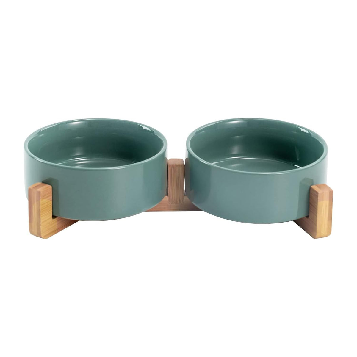 SPUNKYJUNKY Ceramic Dog and Cat Bowl with Wood Stand Non-Slip Matte Glaze Weighted Food Water Set for Cats &Small Dogs 13.5OZ