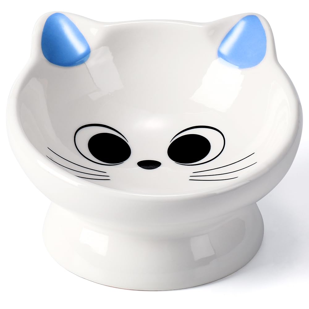 Raised Cat Food Bowl Ceramic 15° Tilted Cat Food Bowls Protect Cat's Spine Anti Vomiting Backflow Prevention Bowls for Adult Kitty, Kitten, and Small Dogs, Pink
