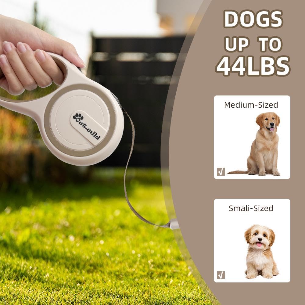 OUTnWILD Retractable Dog Leash - Tangle-Free 360° Design with Anti-Slip Handle | 16 ft Strong Nylon Tape | One Touch Quick-Lock Braking System | for Small/Medium Breeds/Pets Up to 44lbs. (Khaki, M)