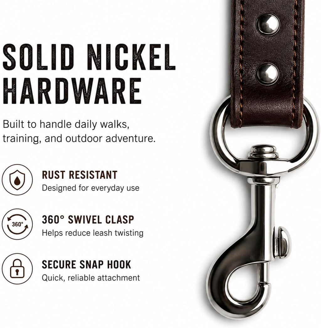 FIELD & FUR Full Grain Leather Dog Leash — Heavy Duty Brown Flat Leather Lead, 5 FT Long, 3/4" Wide, Solid Metal Hardware, for Walking, Training & Hiking with Medium & Large Dogs