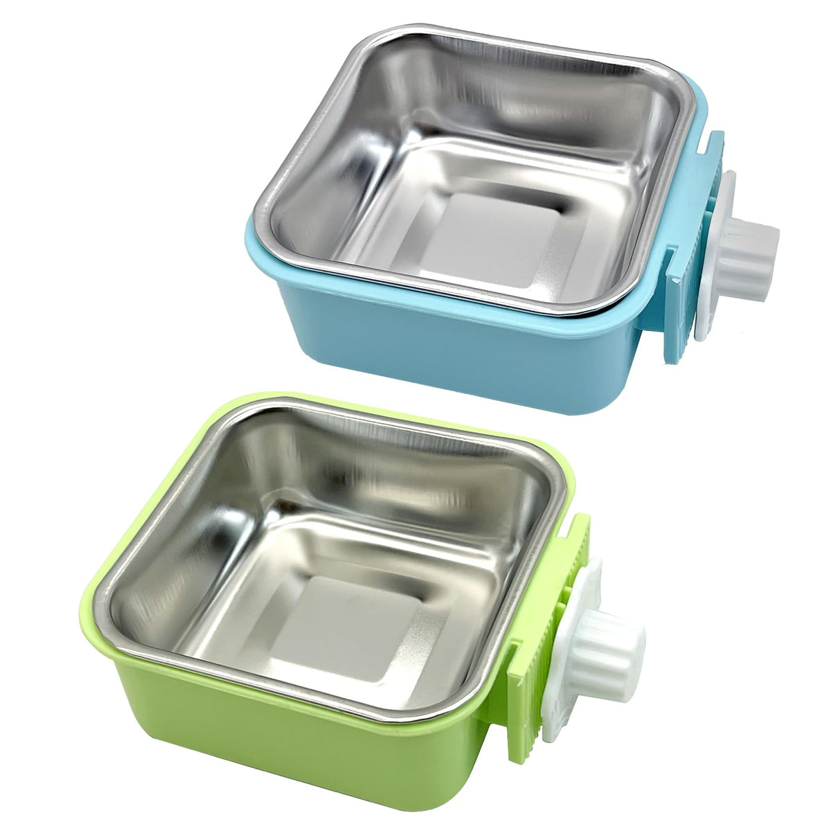kathson Crate Dog Bowl, Removable Stainless Steel Hanging Pet Kennel Cage Bowl Food & Water Feeder Coop Cup for Puppy, Cat, Rabbit, Guinea Pigs Ferret Bird (2 PCS, Size: M, Blue and Green)