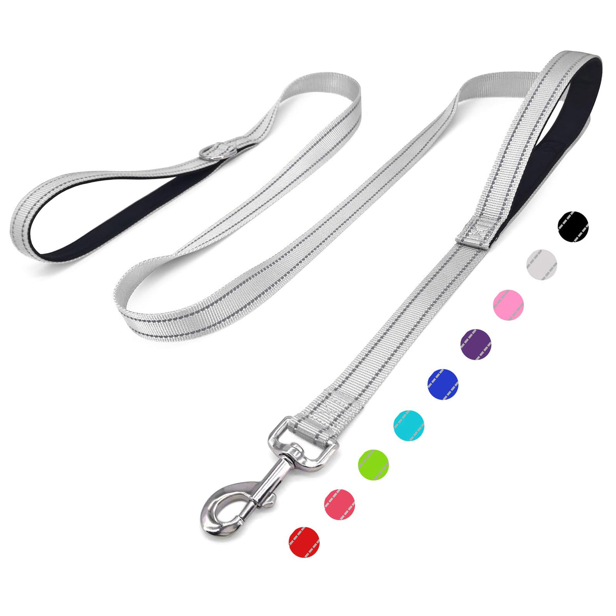 6 FT Black Nylon Reflective Dog Leash for Large Dogs with 2 Padded Handle