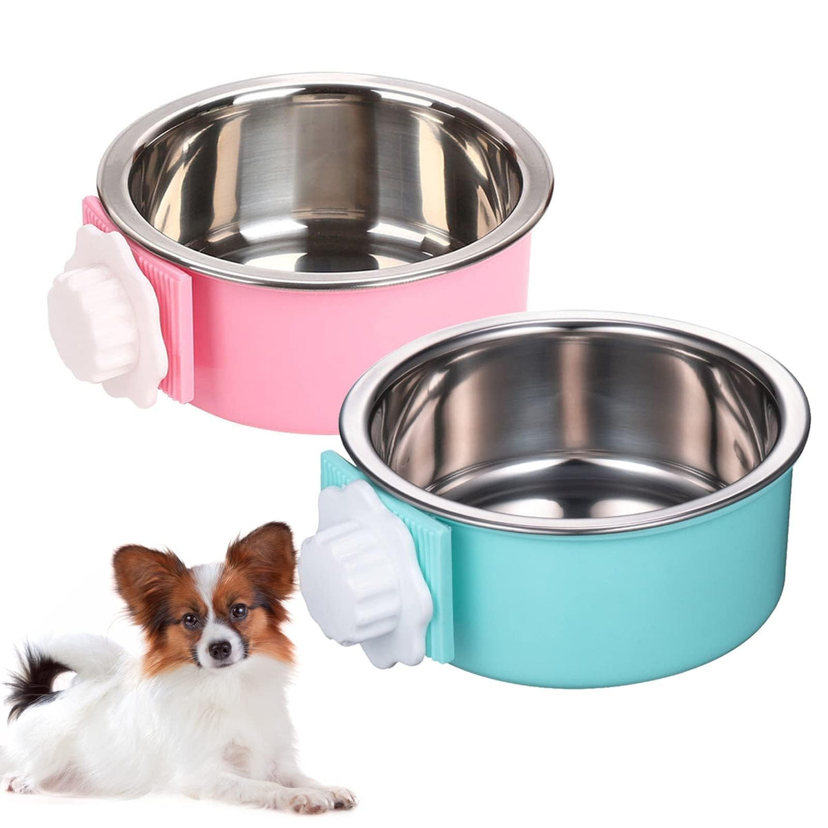 kathson Crate Dog Bowl, Removable Stainless Steel Hanging Pet Kennel Cage Bowl Food & Water Feeder Coop Cup for Puppy, Cat, Rabbit, Guinea Pigs Ferret Bird (2 PCS, Size: M, Blue and Green)