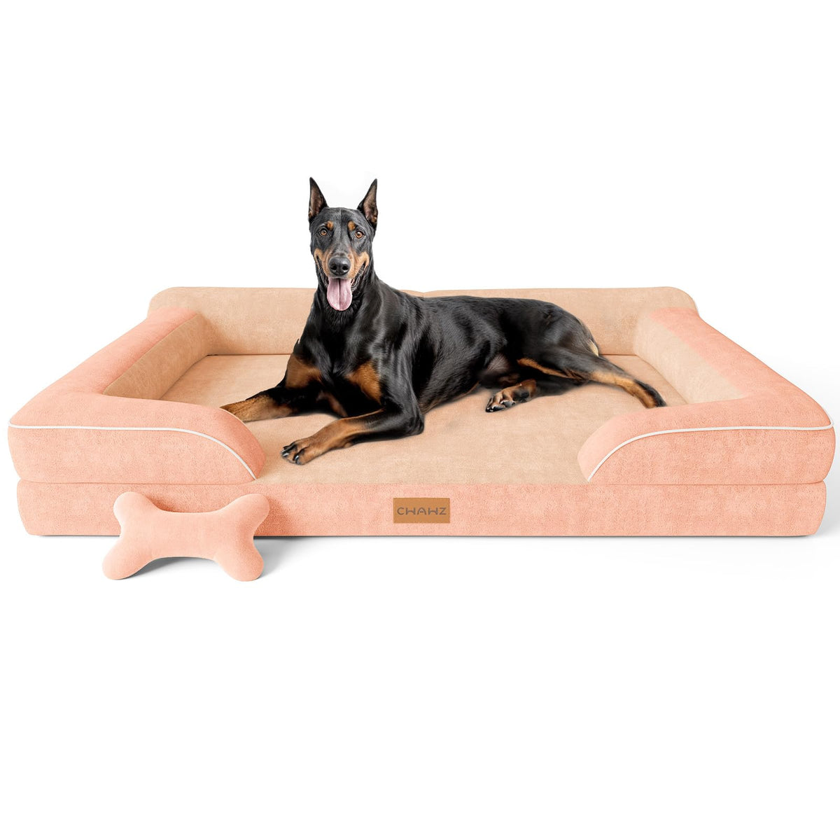 CWAWZ Extra Large Dog Bed, Orthopedic Dog Bed with Cooling Gel Memory Foam, Waterproof XL Pet Bed with Removable Washable Cover, 42" Pet Sofa Couch Dutch Velvet with Bone Toy, Light Gray