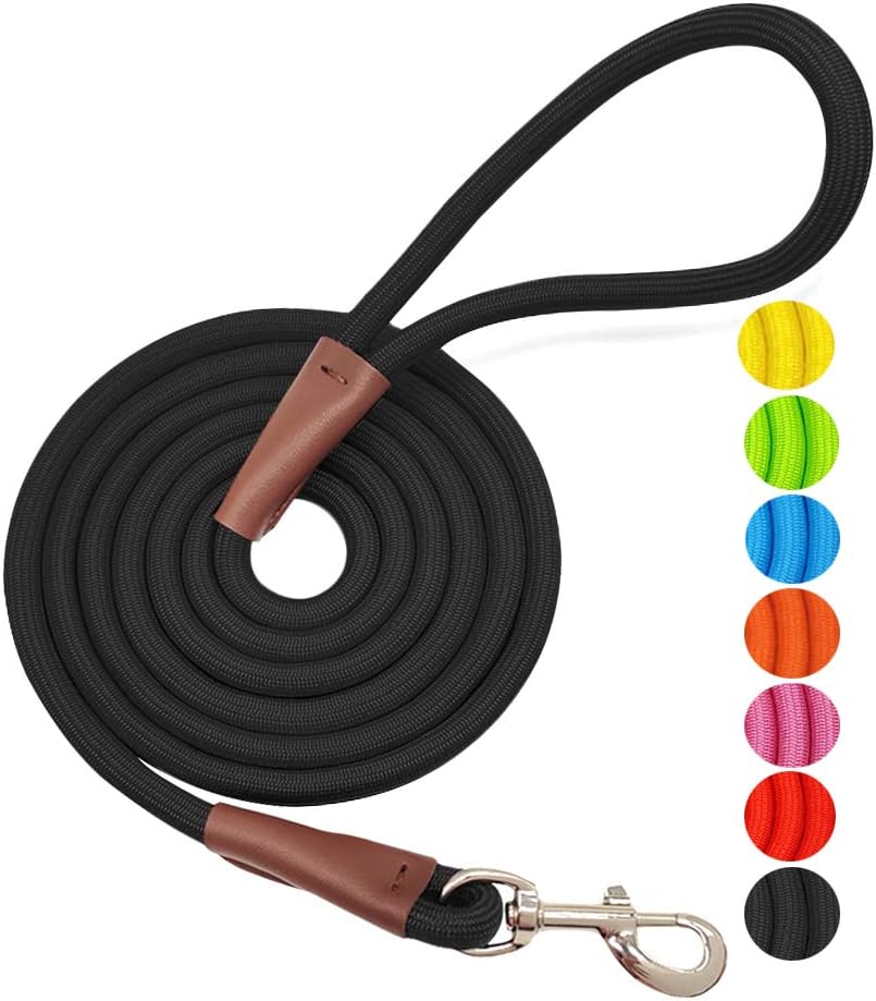 MayPaw 4/6 /8/10 FT Dog Leash, Classic Solid Colors, Strong Nylon Rope Dog Leash Reinforced with Leather Tailor Connection Heavy Duty Silver Clasp (Black, 10ft*1/2")