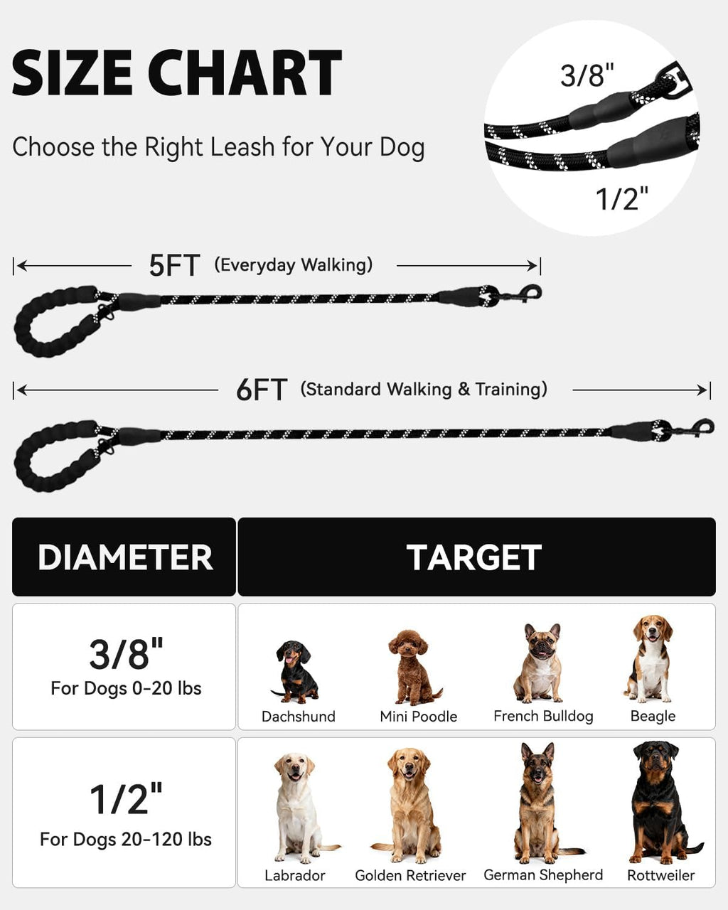 Joytale Rope Dog Leash for Medium Large Dogs, Padded Handle, 6FT, Black