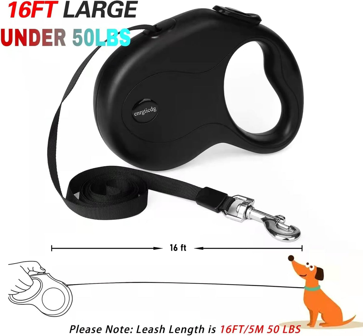 enrgticdg 16Ft Retractable Dog Leash,Light Weight Leash for Small to Medium Dogs/Cats Up to 50lbs,Stainless Steel Spring Strong Nylon Tape, Tangle Free, One-Handed Brake.(Black)
