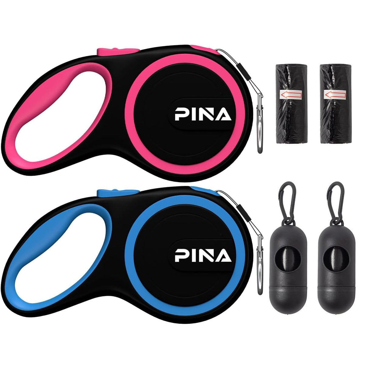 PINA Retractable Dog Leash, 26ft Dog Leash for Small Medium Large Dogs Up to 110lbs, 360° Tangle-Free Strong Reflective Nylon Tape, with Anti-Slip Handle, One-Handed Brake, Lock - Black Blue