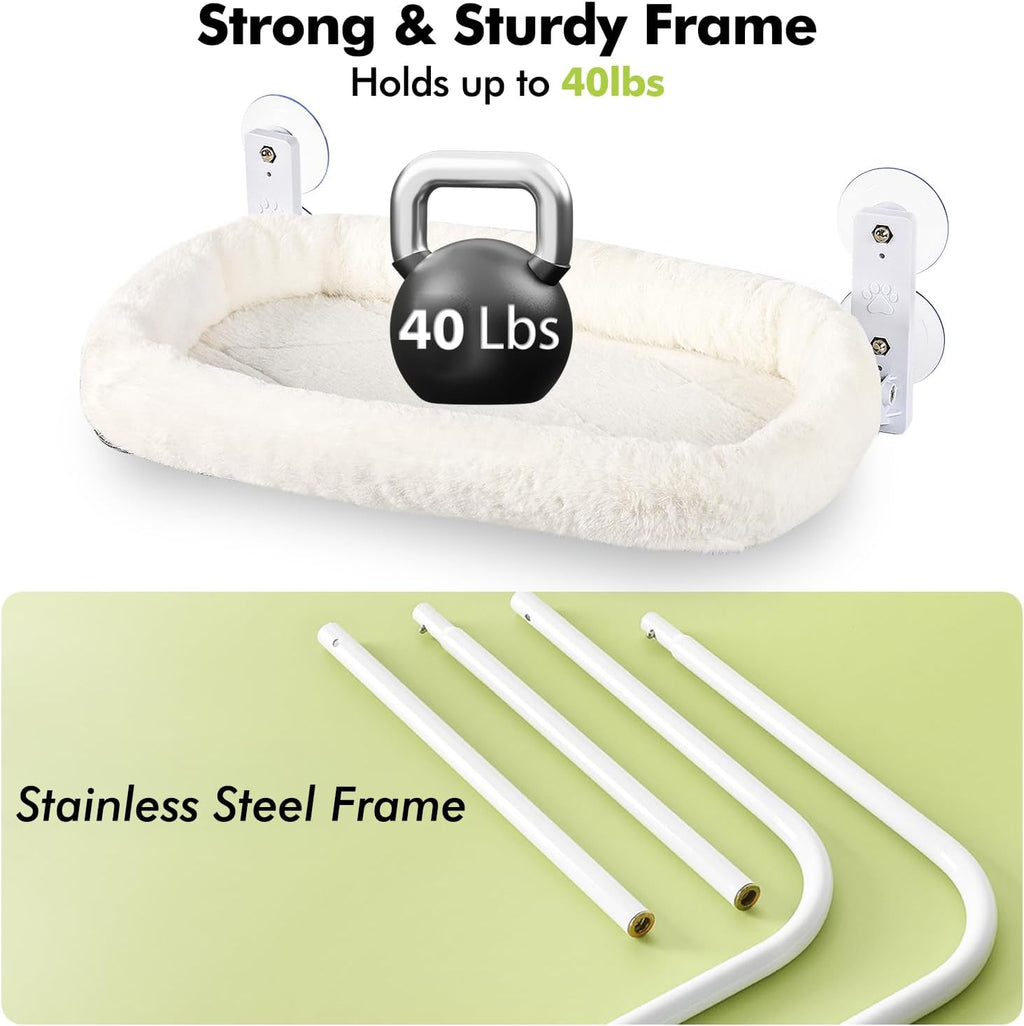 AMOSIJOY Cordless Cat Window Perch with Cushion Bed Metal Frame, L White