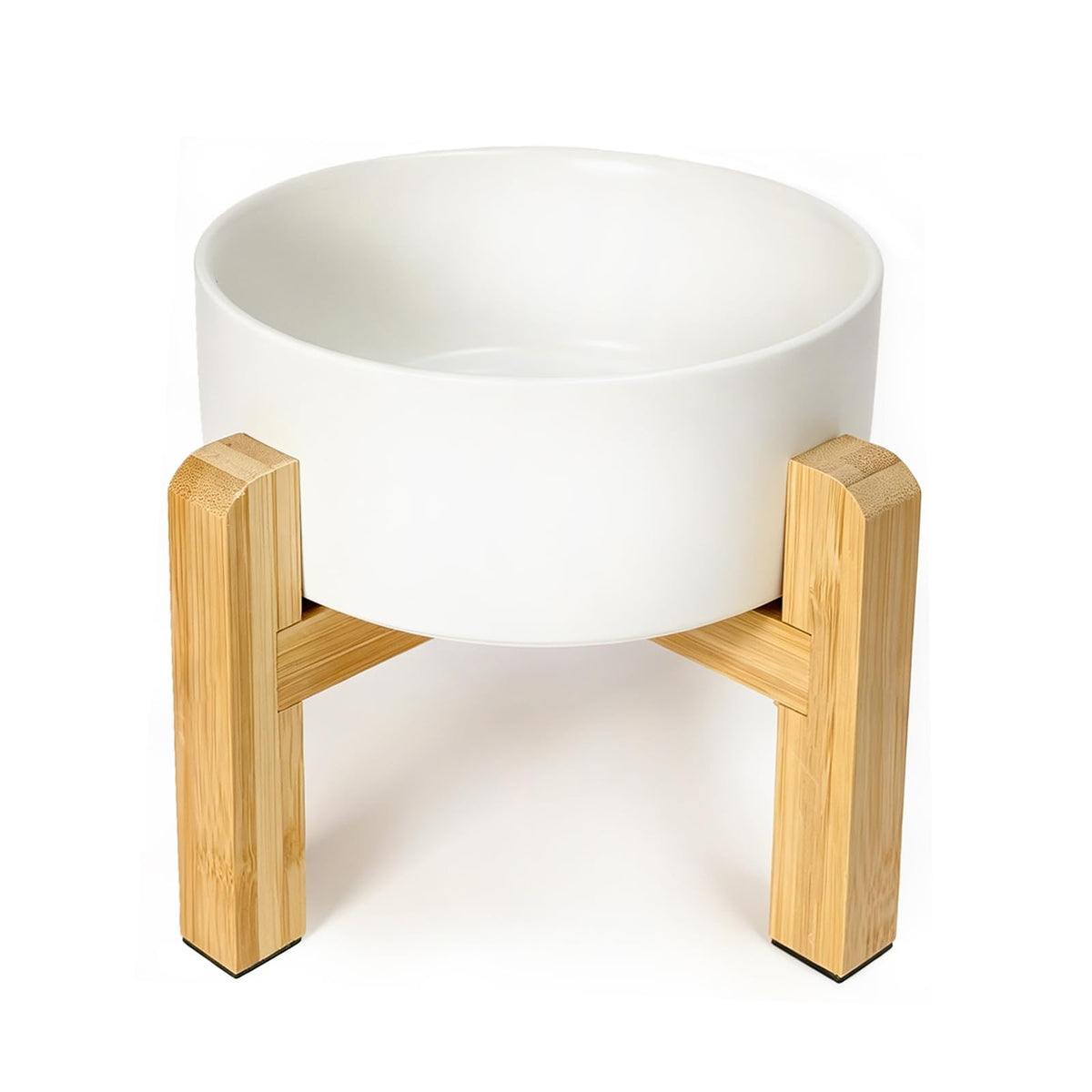 Cat Water Bowl - Elevated Cat Bowls | Ceramic Raised Cat Bowl with Adjustable Bamboo Stand | Anti Vomiting Cat Food Bowl for Indoor Cats, Kittens & Small Dogs | Dishwasher Safe | 5.1" Cat Dish| White