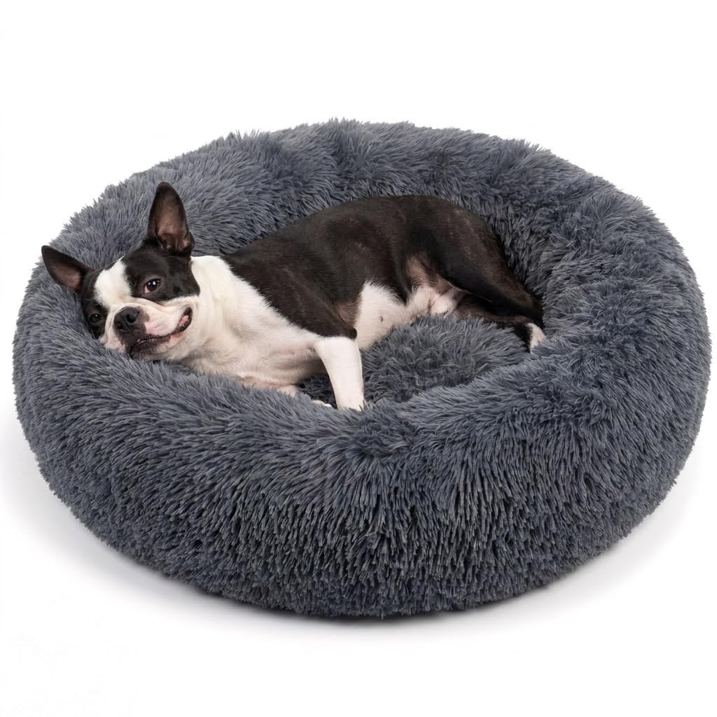 Small Calming Dogs Bed for Small Dogs Anti-Anxiety Machine Washable Fluffy Luxury Anti-Slip Waterproof Mute Base Warming Cozy Soft Pet Puppy Round Bed