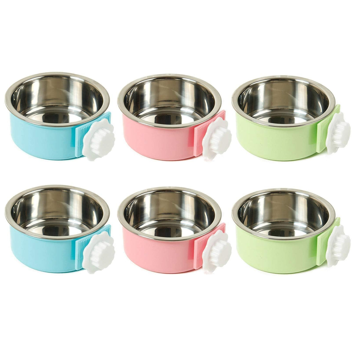 kathson Crate Dog Bowl, Removable Stainless Steel Hanging Pet Kennel Cage Bowl Food & Water Feeder Coop Cup for Puppy, Cat, Rabbit, Guinea Pigs Ferret Bird (2 PCS, Size: M, Blue and Green)