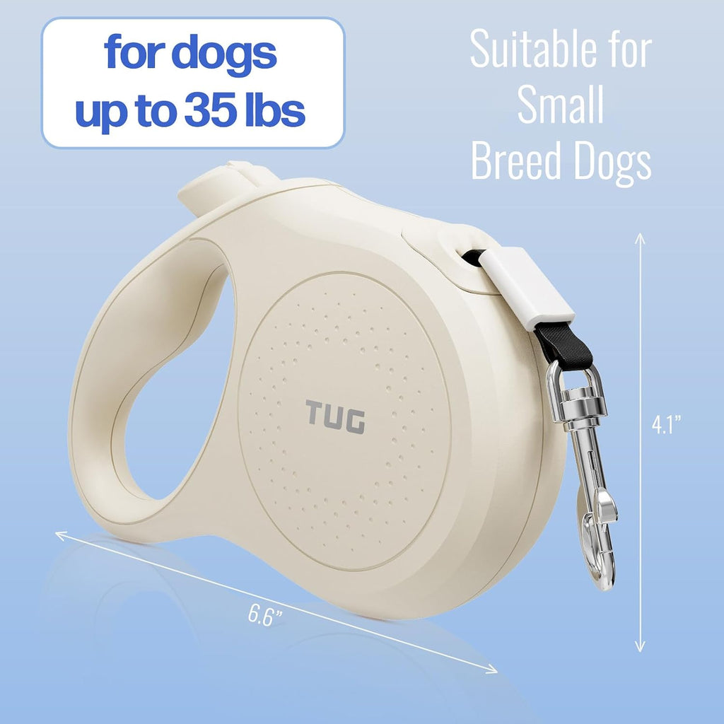 TUG Quest Retractable Dog Leash | 360° Tangle-Free | 16 ft Tape (S, Cream)