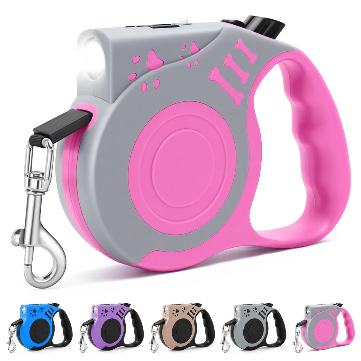 Retractable Dog Leash with USB Rechargeable Flashlight, Purple