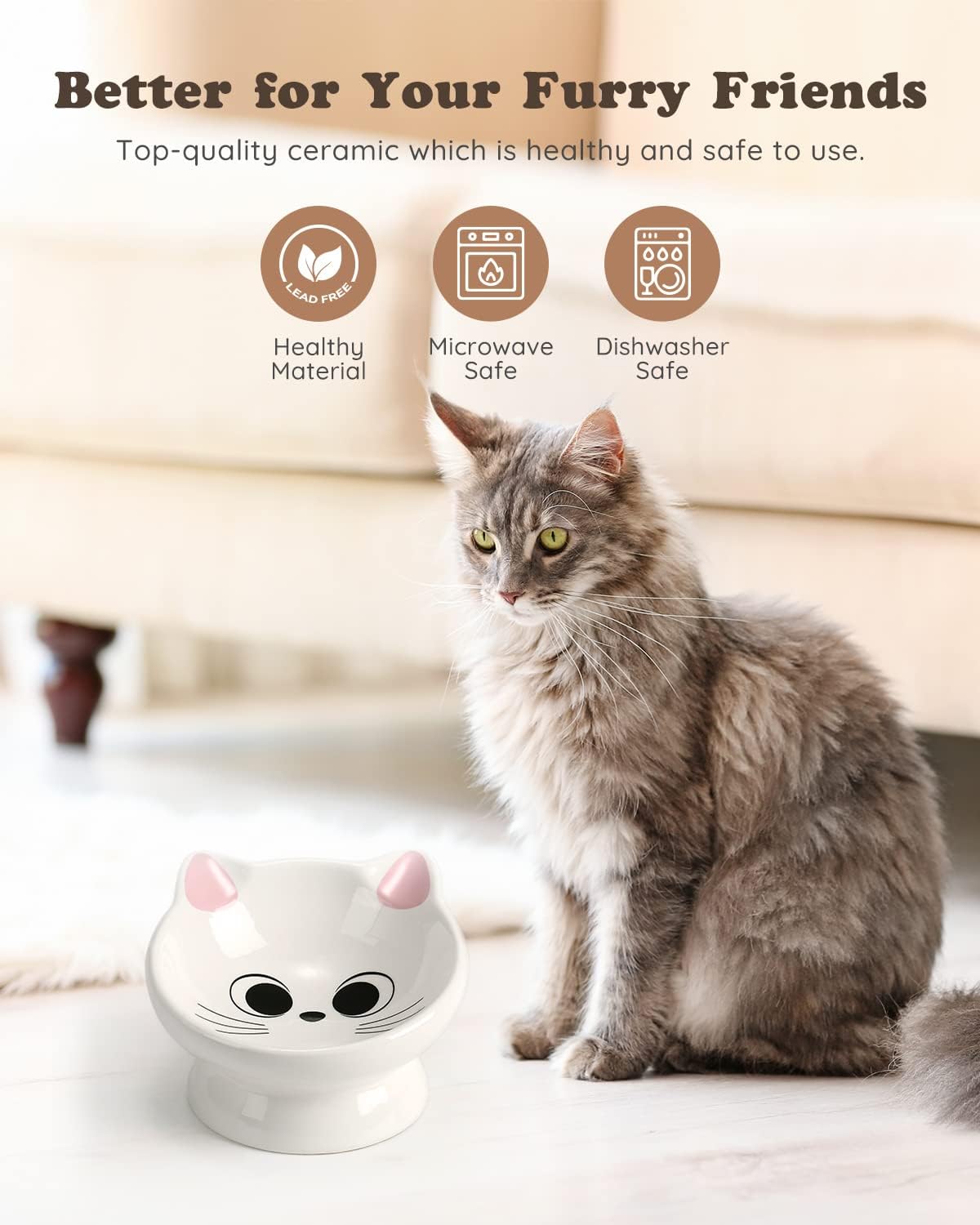 Raised Cat Food Bowl Ceramic 15° Tilted Cat Food Bowls Protect Cat's Spine Anti Vomiting Backflow Prevention Bowls for Adult Kitty, Kitten, and Small Dogs, Pink