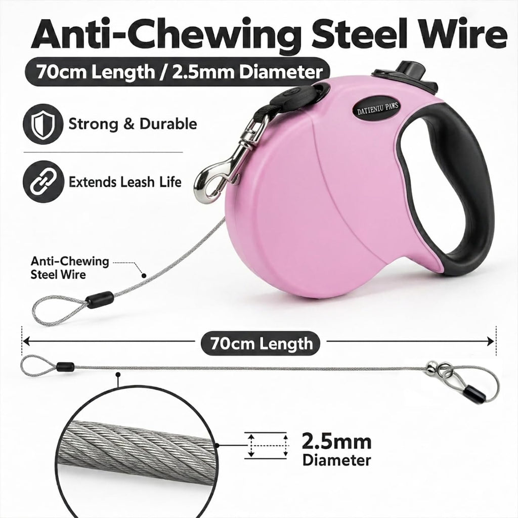 13FT Retractable Dog Leash for Small Dogs up to 22lbs with Chew Proof Steel Wire Extender, Lightweight, Durable & Safe Walking Solution Pink S