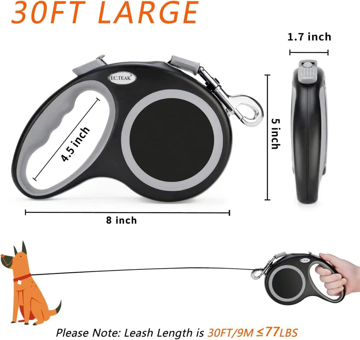 Retractable Dog Leash 30 FT Cord for Medium Large Dogs up to 77 lbs
