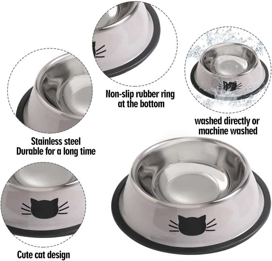 Cat Bowls for Food and Water,2PCS Rapsrk Non-Slip Stainless Steel Small Food Bowls 8 Oz Pet Bowl with Removable Rubber Base Dog Bowl,Stackable Cat Puppy Dishes Bowls with Cute Cats Painted