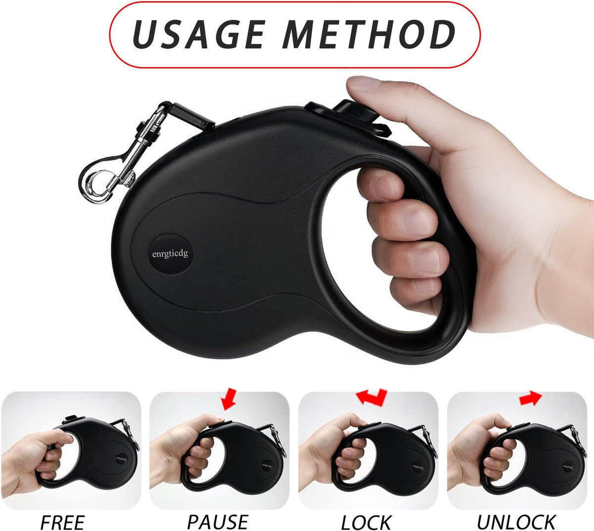 enrgticdg 16Ft Retractable Dog Leash,Light Weight Leash for Small to Medium Dogs/Cats Up to 50lbs,Stainless Steel Spring Strong Nylon Tape, Tangle Free, One-Handed Brake.(Black)