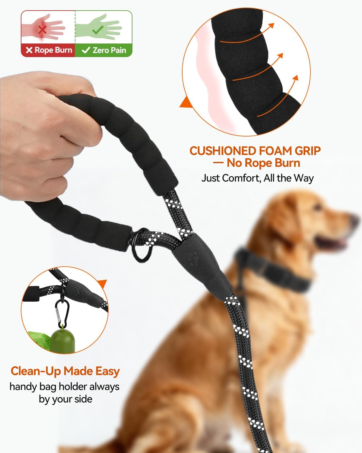 Joytale Rope Dog Leash for Medium Large Dogs, Padded Handle, 6FT, Black