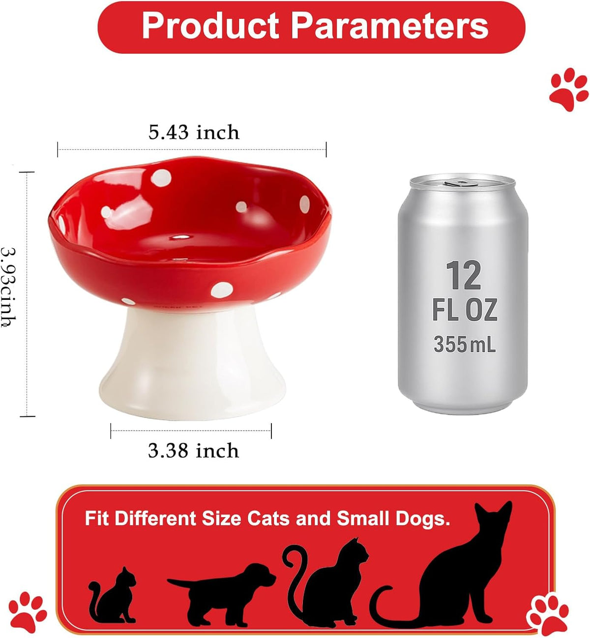 Red Mushroom Cat Bowl, Elevated Ceramic Bowl for Cats