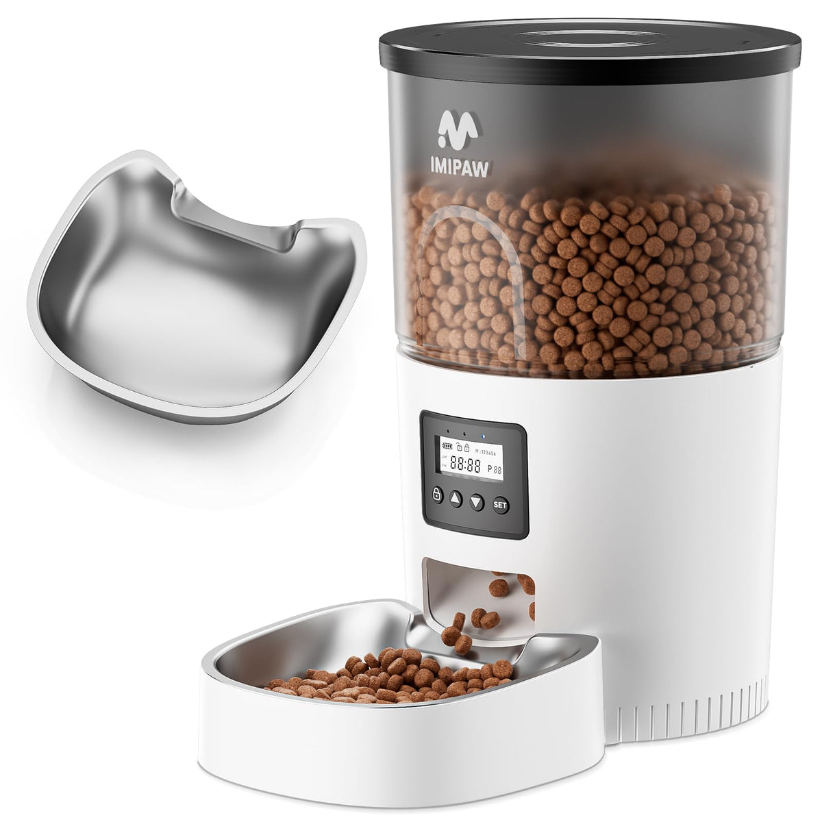 IMIPAW Automatic Cat Feeders, Timed Cat Dry Food Dispenser with Desiccant Bag, Dual Power Supply, Programmable Portion Size, 6 Meals, 20 Portions Per Day, Auto Pet Feeder for Cats and Small Dog, White