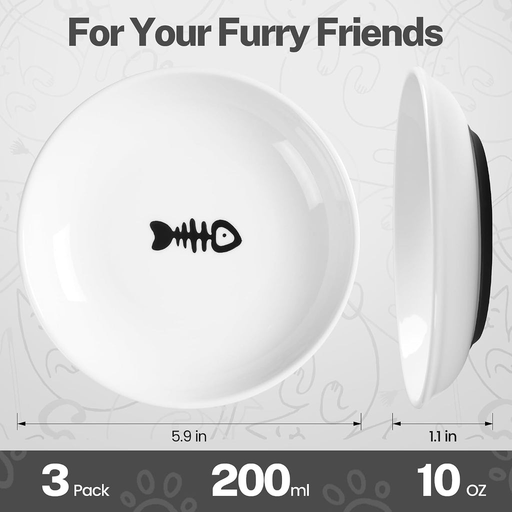 Cat Food Bowl, Whisker Friendly Ceramic Cat Bowls with Nonslip Silicone Bottom, Pack of 3 Quiet Dishes and Plates for Feeding Indoor Cats, Kittens and Small Dogs(Fishbone,Shallower)