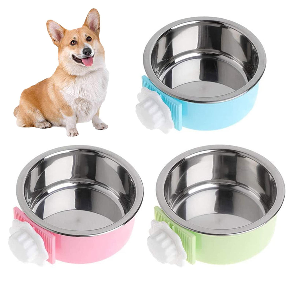 kathson Crate Dog Bowl, Removable Stainless Steel Hanging Pet Kennel Cage Bowl Food & Water Feeder Coop Cup for Puppy, Cat, Rabbit, Guinea Pigs Ferret Bird (2 PCS, Size: M, Blue and Green)