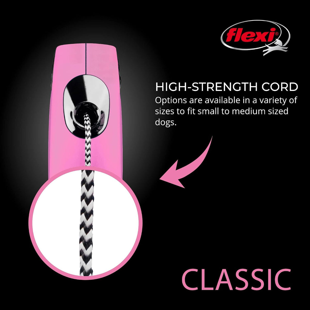 FLEXI® Classic Cord Retractable Dog Leash, Small, 16 ft - Pink
