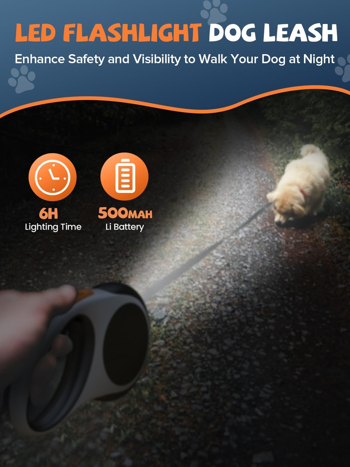Retractable Dog Leash with LED Flashlight, Douexio Upgrade 3 in 1 Dog Leash Retractable for Small Medium Dogs Up to 66 lbs, 16ft, Anti-Slip Handle (Black-White)