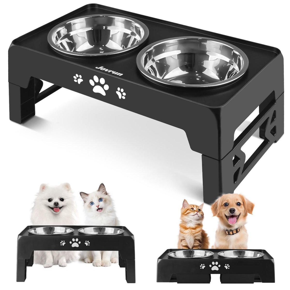 Jovrun Elevated Dog Bowls for Small Dogs and Cats, Non-Slip Cat Bowls with 2 Thick 5.5" Stainless Steel Dishes, Dog Feeder 2 Heights Adjustable to 2.6"-5.3"
