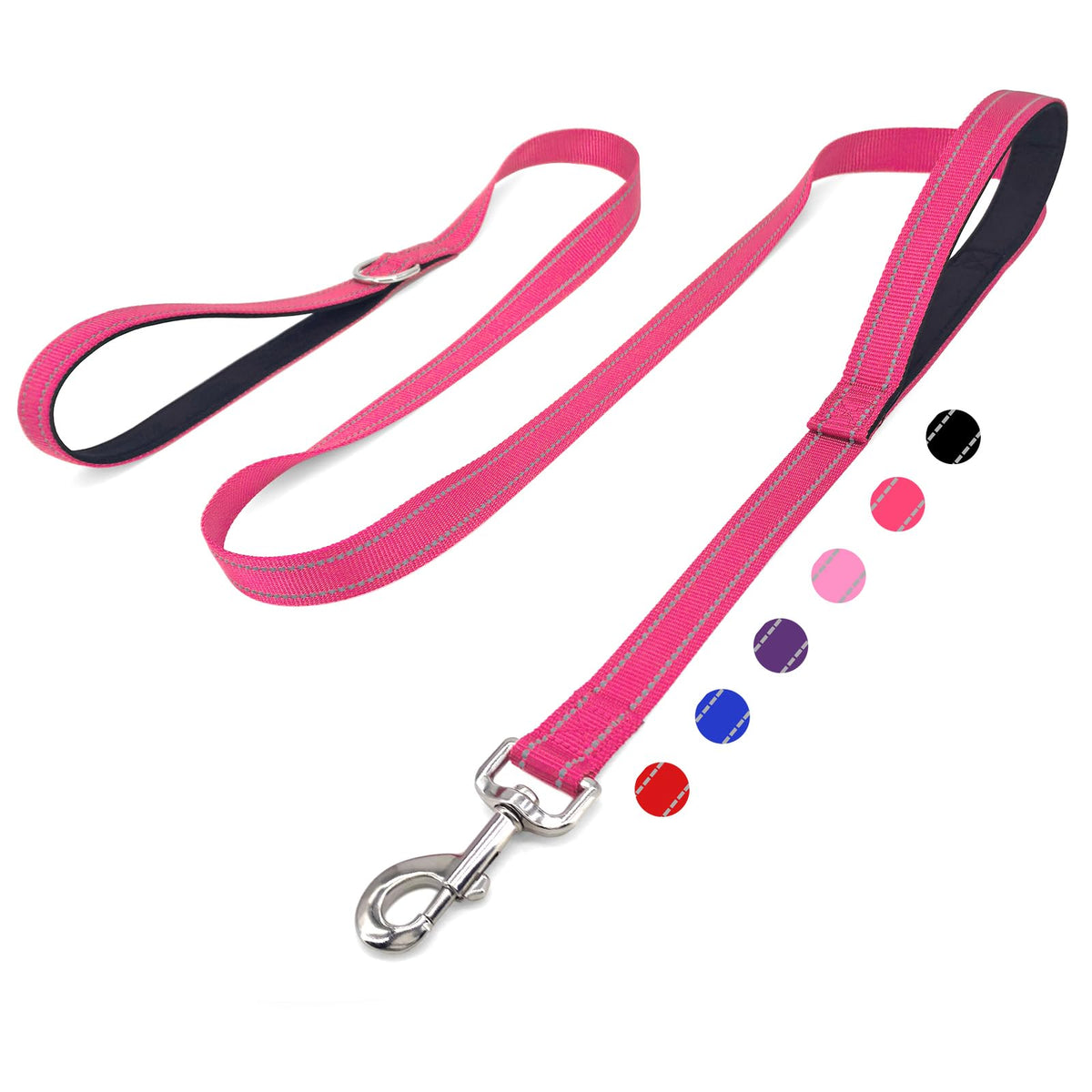 6 FT Black Nylon Reflective Dog Leash for Large Dogs with 2 Padded Handle