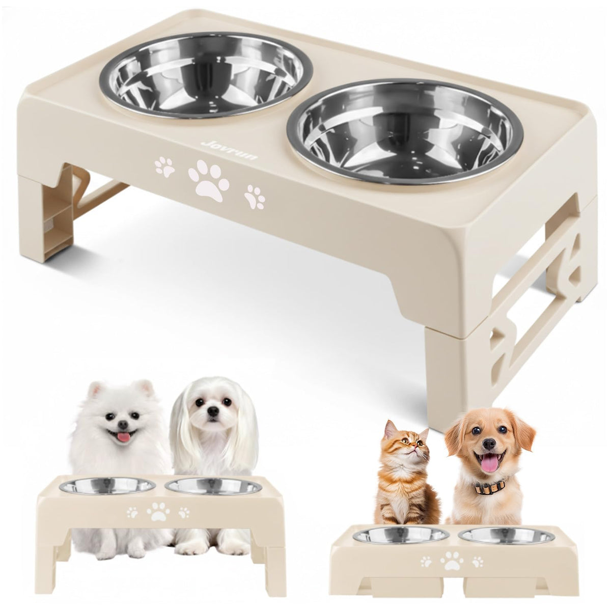 Jovrun Elevated Dog Bowls for Small Dogs and Cats, Non-Slip Cat Bowls with 2 Thick 5.5" Stainless Steel Dishes, Dog Feeder 2 Heights Adjustable to 2.6"-5.3"